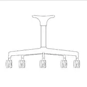 Chair base black and white line drawing, five-star shape with caster wheels, central cylindrical post, technical illustration.