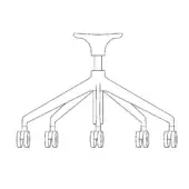 Office chair base line drawing, metal, five-spoke pyramidal design with caster wheels, technical illustration.