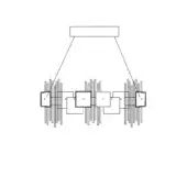 Black linear chandelier with rectangular modules and vertical rods, studio presentation, technical drawing style.