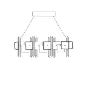 Black linear suspension light, rectangular canopy, four square modules with circular openings, minimalist geometric design, matte finish.