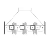 Linear chandelier with black metal finish, five square modules, cascading vertical rods, rectangular canopy, studio lighting.