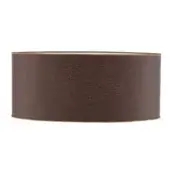 Cylinder lampshade, brown chinette fabric, gold trim accentuates top and bottom edges, studio product shot on white background.