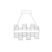 Wooden pallet structure with rectangular cutouts suspended by angled lines from a rectangular fixture, schematic drawing.