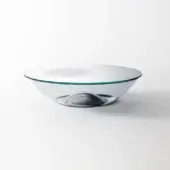 Glass bowl, clear with teal rim, organic rounded shape and bulbous base, smooth reflective surface, without hole, studio lighting.