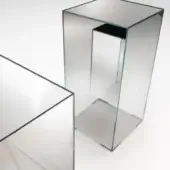 Mirrored glass side tables, rectangular prism and cube shapes, clear construction with dark edging, minimalist modern design.