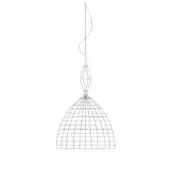 Pendant light, metal mesh shade, diamond-shaped crystal, slender curved cord, minimalist geometric design, white background.
