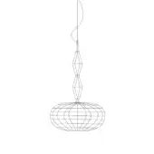 Pendant light, matte silver metal, features diamond shapes ascending to a flattened spherical cage structure, wireframe rendering.
