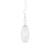 Pendant light, wireframe design, cage-shaped with grid pattern and diamond element, slender curved cord, minimalist geometric style.