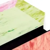 Coffee table, marbled resin, geometric three-panel design with pale green, pink, and yellow-green sections, black edge banding, glossy finish.
