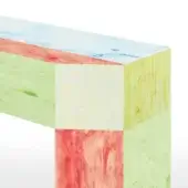 Console table, resin panels, watercolor effect in muted greens, yellows, reds, with pale blue stripe, modern block form, white background.