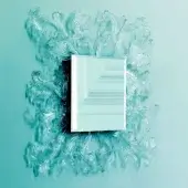 Wall accent, teal layered panel, radial icy-blue framework with frosted texture, studio lighting, organic design against teal wall.