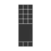 Grid pattern graphic with black and white rectangles, featuring a central black block and layered horizontal bands at the bottom.