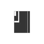 Geometric graphic, dark gray and white, features a rectangular form with vertical line, horizontal stripes, and angular cutout.