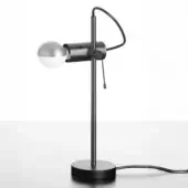 Table lamp, black nickel finish, minimalist design with cylindrical base and spherical head; silver and white globe, pull-chain switch.