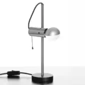 Desk lamp, brushed silver metal, curved stem with spherical shade and frosted glass bulb on dark gray surface.