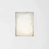 Abstract wall art, off-white textured background, swirling white brushstrokes with gold leaf speckles, dark brown square frame.