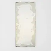 Abstract artwork, pale green silver leaf, vertical white brushstrokes with layered texture and cloud-like form within a recessed rectangle.