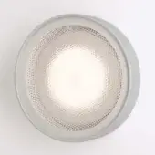 Flush mount ceiling light, matte aluminum, circular with hexagonal textured glass diffuser and integrated LED glow.