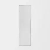 Rectangular mirror with silver frame, displaying blurred wall reflection, minimalist design, size b labeling, against off-white wall.