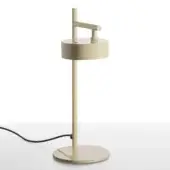 Table lamp, ivory ceramic, cylindrical base with slender stem and circular reflector shade, minimalist design, matte finish, black cord.