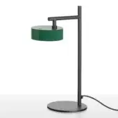 Desk lamp, matte black metal with cylindrical green reflector, minimalist design, slender stem, circular base, studio product shot.