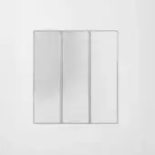 Triptych mirror, silver metal frame, three rectangular panels reflecting a softly lit room, minimalist design, size d.