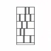 Bookcase, dark gray frame, six white shelves divided by vertical supports, minimalist rectangular design, high-contrast studio product shot.