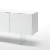 White lacquered console table with three rectangular cabinet doors and a transparent glass leg, studio lighting.