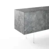 Console table, gray faux marble, rectangular shape with three doors and polished silver cylindrical metal legs.