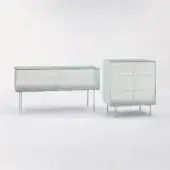 Superior Glas Italia Commodore sideboard crafted from pale green checked patterned glass with slender silver-toned metal legs and smooth reflective finish