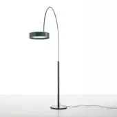 Floor lamp, matt black metal, arched design with green reflector shade; minimalist modern lighting on light gray surface, white background.