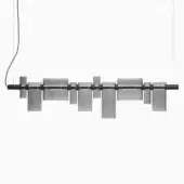 Pendant light, smokey grey glass, slender black metal rod with rectangular shades suspended by cylindrical connectors, studio shot.