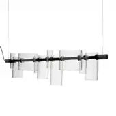 Pendant light, transparent glass, six rectangular shades suspended from a matte black cylindrical rod in a minimalist linear arrangement.