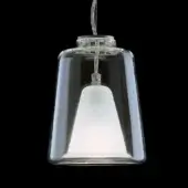 Pendant lantern, clear glass, cylindrical shade suspended by silver metal rods with a conical white light source and minimalist modern design.