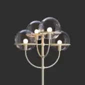 Floor lamp, ivory metal, with five spherical glass shades emitting warm white light, sculptural curved arms, matte finish.