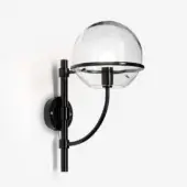Black metal wall sconce with clear glass globe, adjustable arm, and square backplate, studio product shot.