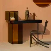 Superior Glas Italia Ratio desk with smoked glass and black-stained ash, built with sleek aluminum connectors and a velvet-lined drawer