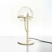 Table lamp, ivory metal, with circular base and cage-like shade, Edison bulb, clear glass globe, minimalist modern design, black cord.