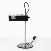 Black mini spider desk lamp with chrome stem, rectangular housing, adjustable head, glossy finish, and white spherical element.