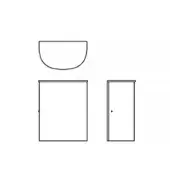 Bathroom sink set technical drawing, white ceramic semicircular sink above two matte white cabinet rectangles, one with a circular knob.