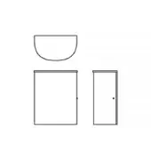 Bathroom fixture set schematic, black lines, white background, semicircular basin, two rectangular cabinets with circular handles.