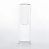 Glass vase, clear cylindrical shape, with suspended water-filled inner sphere and silver metal base, on white background.