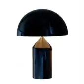 Table lamp, black metal, mushroom shade with gold cylindrical connector and straight cylindrical base on circular footing.