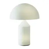 Atollo table lamp, opal glass, mushroom-shaped shade with cylindrical base, matte white finish, minimalist geometric design, diffused lighting.