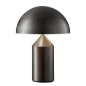 Table lamp, satin black nickel finish, cylindrical base with conical accent and large dome lampshade, brushed metallic texture.