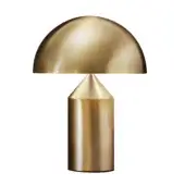 Atollo table lamp, satin gold finish, hemispherical shade with conical neck and cylindrical tapered base, brushed metallic texture.