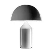 Table lamp, white, mushroom-shaped with domed shade and conical neck atop a cylindrical base, studio shot.