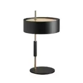 Mid-century table lamp, black matte shade, satin gold diffuser, brushed brass stem, black cylindrical accent, circular base.