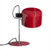 Table lamp, scarlet red, cylindrical shade with circular base, glossy finish, black switch, minimalist modern design, studio shot.