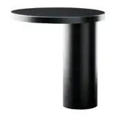 Cylindrical side table, matte black finish, circular tabletop with recessed edge, minimalist modern design, tall column base.
